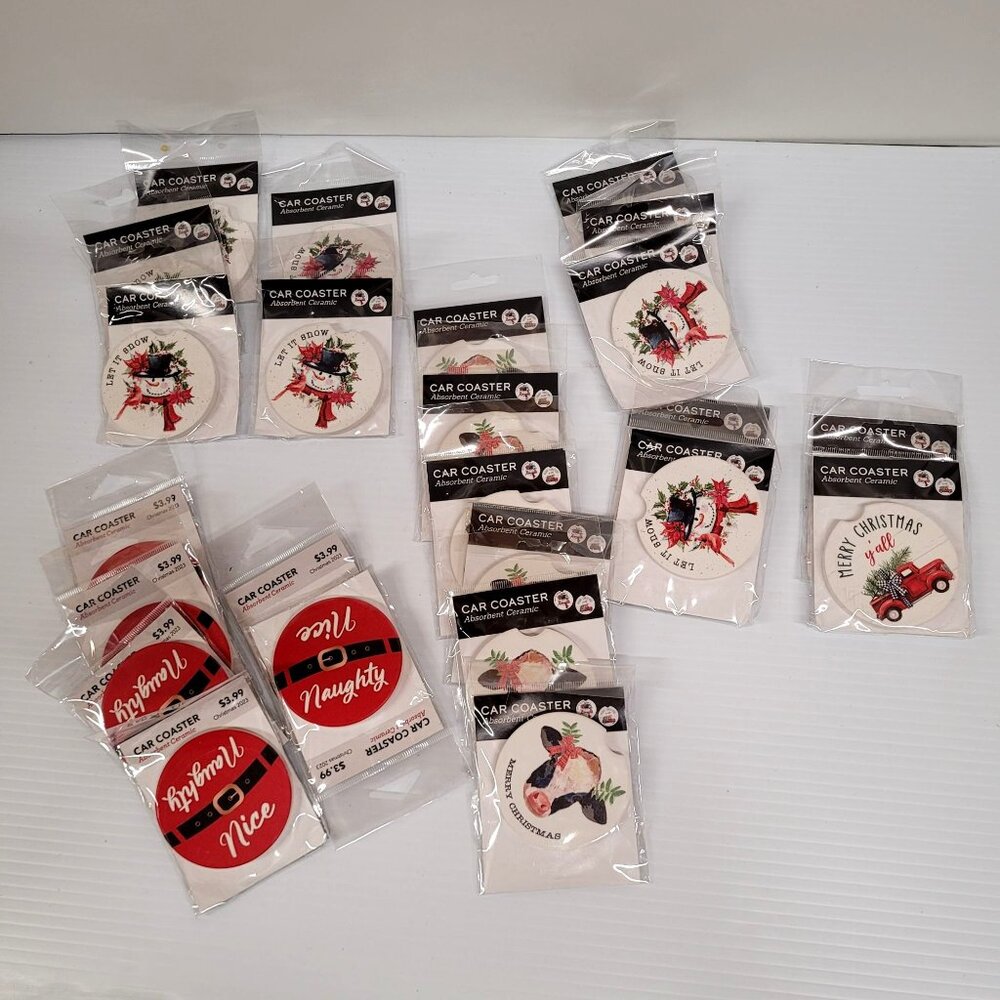 Car Coaster Lot 24 Ceramic Absorbent Christmas Holiday 3'' Cow Snowman Truck